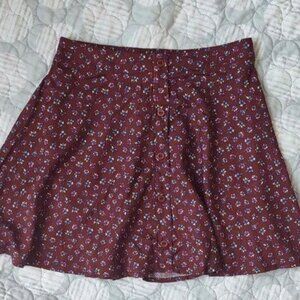 Lush Burgundy Wine Red All Over Floral Print Elastic Waist Pull On Skater Skirt